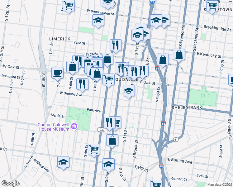 map of restaurants, bars, coffee shops, grocery stores, and more near 1242 South 2nd Street in Louisville