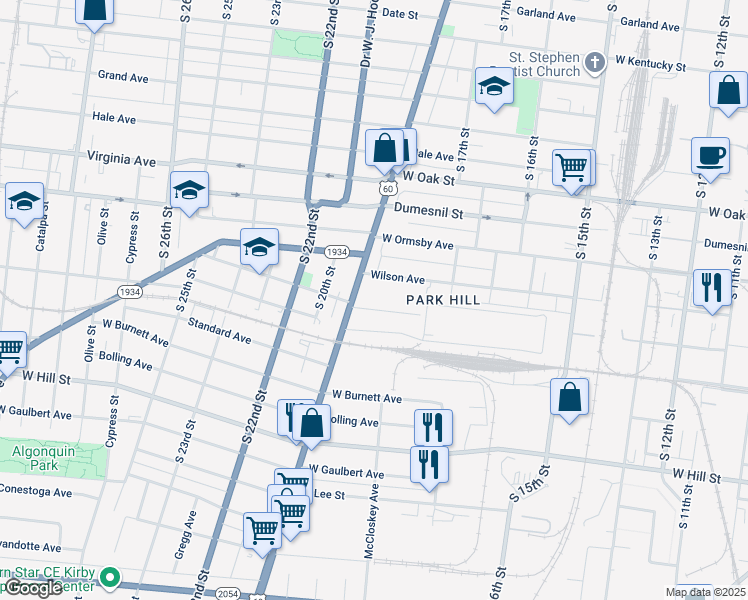 map of restaurants, bars, coffee shops, grocery stores, and more near 1349 Dixie Highway in Louisville