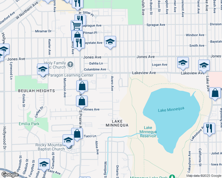 map of restaurants, bars, coffee shops, grocery stores, and more near 2029 Acero Avenue in Pueblo