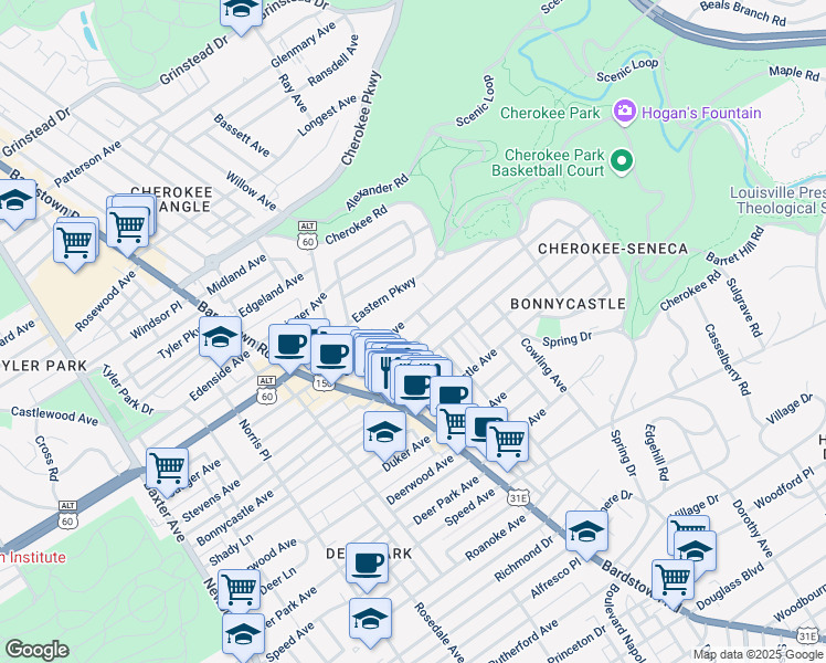 map of restaurants, bars, coffee shops, grocery stores, and more near 2124 Sherwood Avenue in Louisville