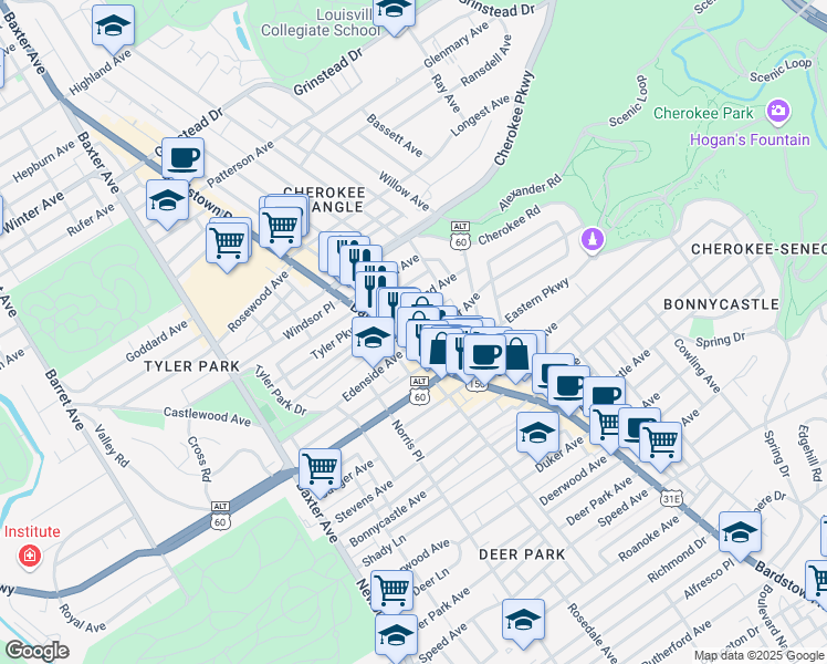 map of restaurants, bars, coffee shops, grocery stores, and more near 2015 Baringer Avenue in Louisville