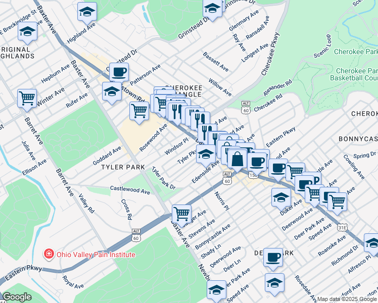map of restaurants, bars, coffee shops, grocery stores, and more near 1831 Tyler Parkway in Louisville