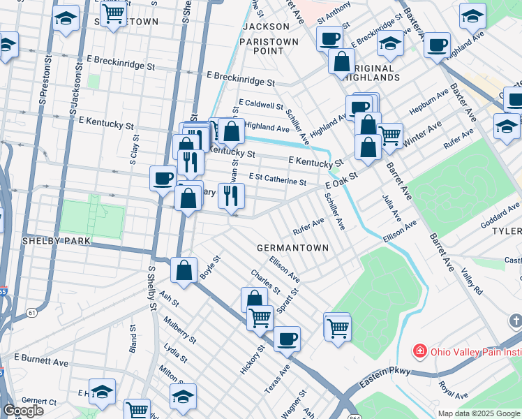 map of restaurants, bars, coffee shops, grocery stores, and more near 1032 Mary Street in Louisville