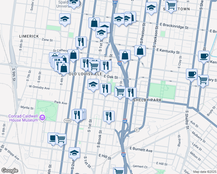 map of restaurants, bars, coffee shops, grocery stores, and more near 1223 South Brook Street in Louisville