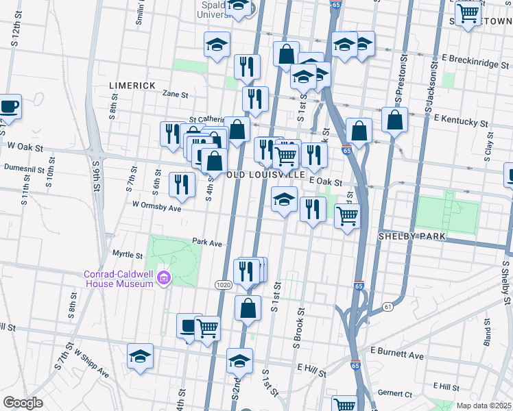 map of restaurants, bars, coffee shops, grocery stores, and more near 1234 South 2nd Street in Louisville