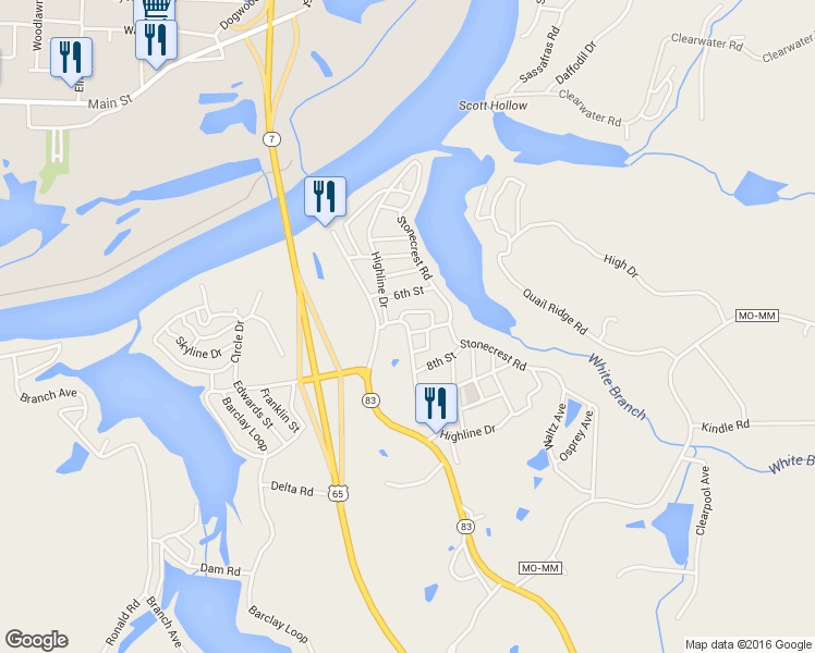 map of restaurants, bars, coffee shops, grocery stores, and more near Highline Drive in Warsaw