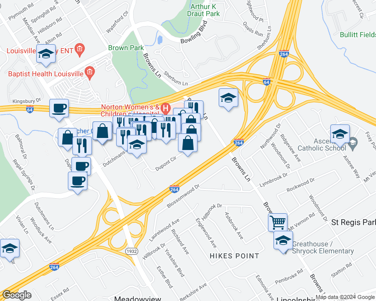 map of restaurants, bars, coffee shops, grocery stores, and more near 4010 Dupont Circle in Louisville