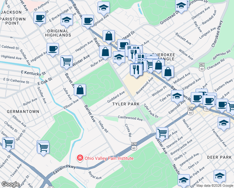 map of restaurants, bars, coffee shops, grocery stores, and more near 1517 Goddard Avenue in Louisville