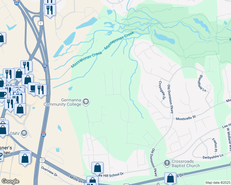 map of restaurants, bars, coffee shops, grocery stores, and more near 4403 Battery Hill Lane in Fredericksburg