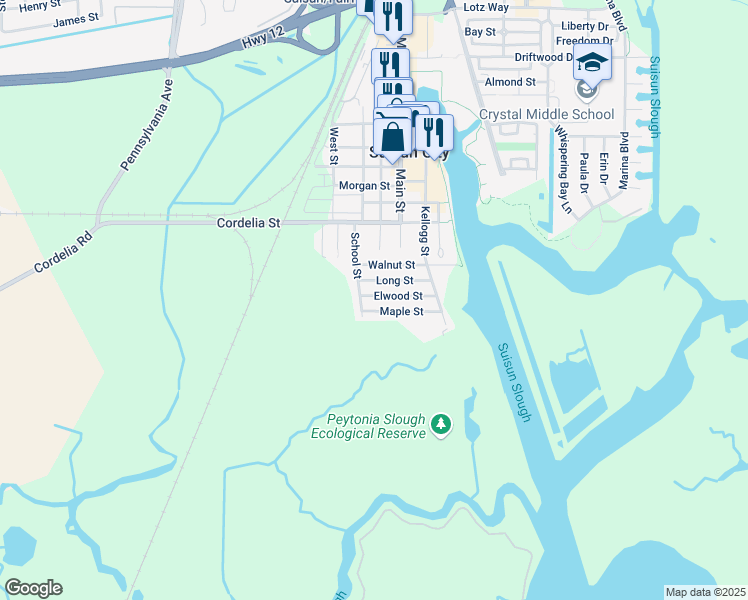 map of restaurants, bars, coffee shops, grocery stores, and more near 205 Elwood Street in Suisun City