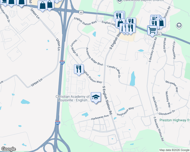 map of restaurants, bars, coffee shops, grocery stores, and more near 512 Academy Ridge Place in Louisville