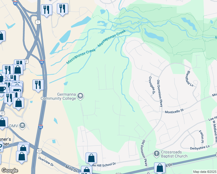 map of restaurants, bars, coffee shops, grocery stores, and more near 4403 Battery Hill Lane in Fredericksburg