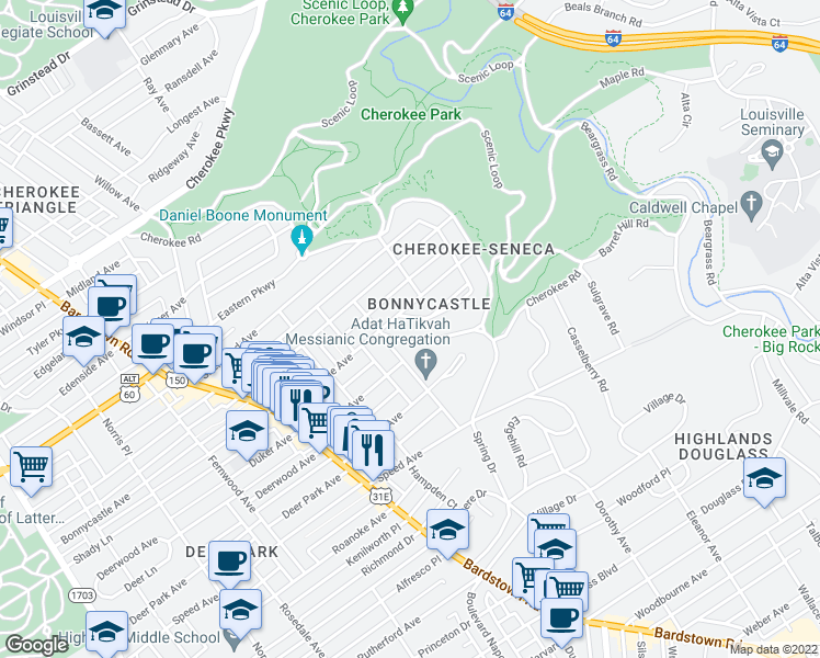 map of restaurants, bars, coffee shops, grocery stores, and more near 2222 Bonnycastle Avenue in Louisville