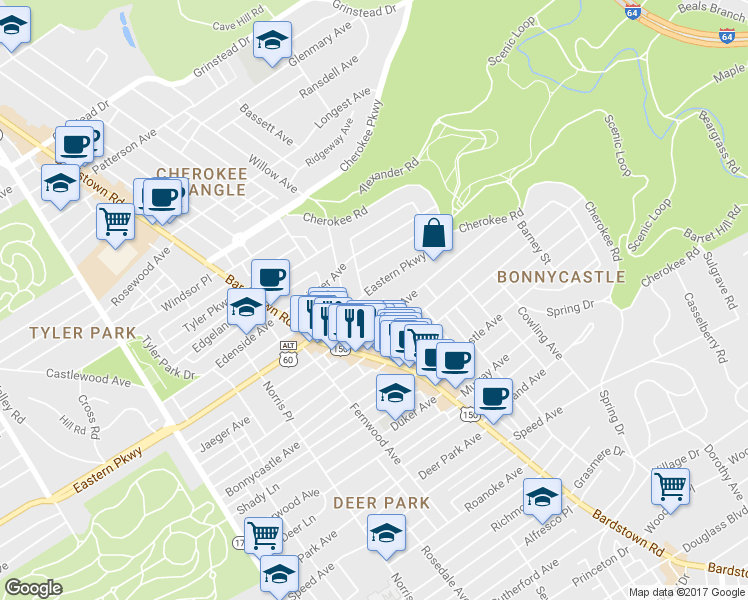 map of restaurants, bars, coffee shops, grocery stores, and more near 2052 Eastern Parkway in Louisville