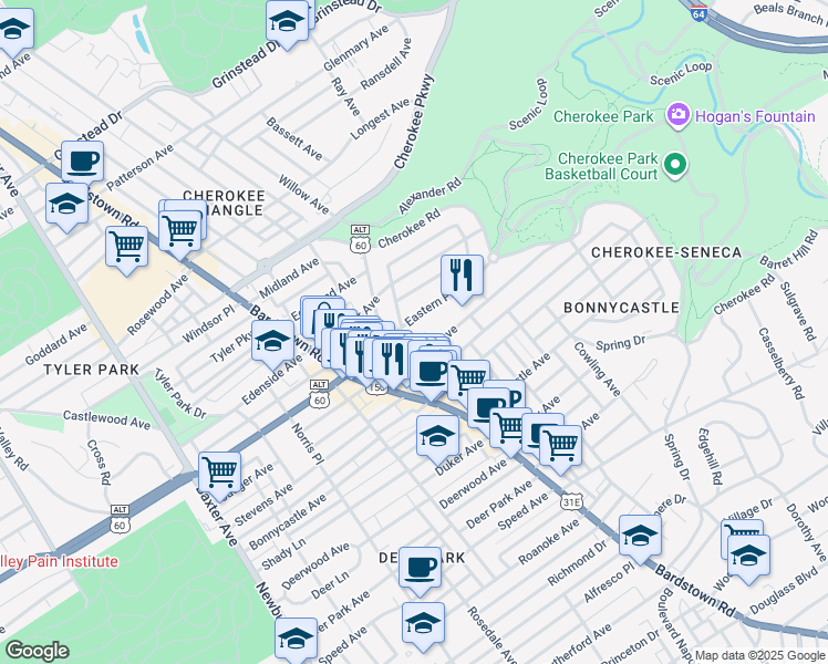 map of restaurants, bars, coffee shops, grocery stores, and more near 2052 Eastern Parkway in Louisville