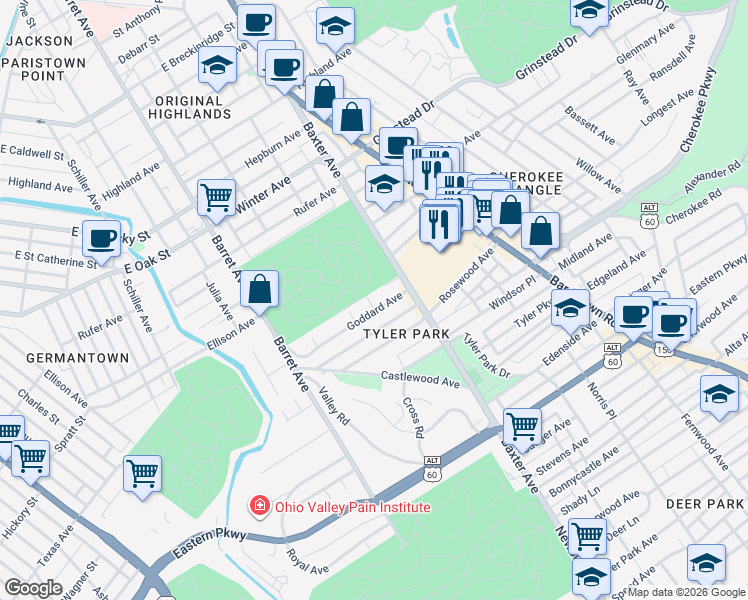 map of restaurants, bars, coffee shops, grocery stores, and more near 1517 Goddard Avenue in Louisville