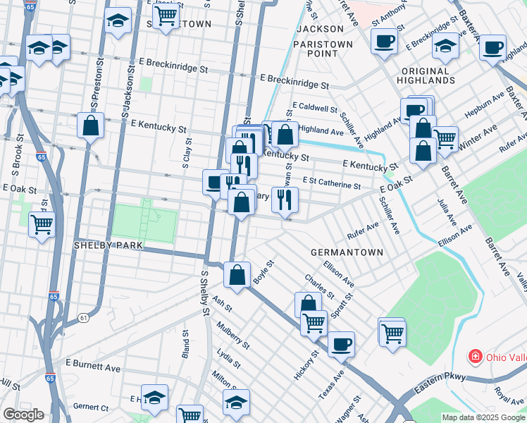 map of restaurants, bars, coffee shops, grocery stores, and more near 927 East Oak Street in Louisville