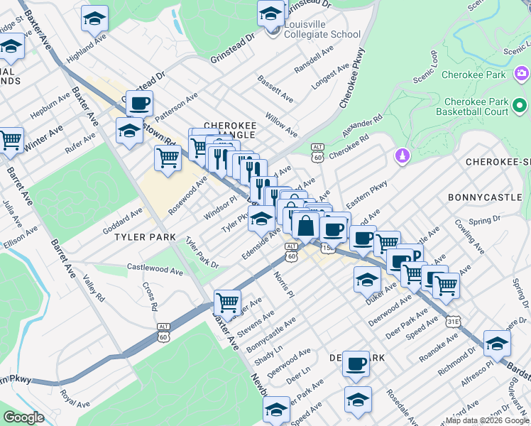 map of restaurants, bars, coffee shops, grocery stores, and more near 1401 Bardstown Road in Louisville