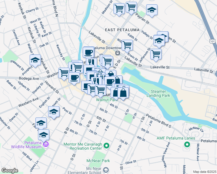 map of restaurants, bars, coffee shops, grocery stores, and more near 219 2nd Street in Petaluma