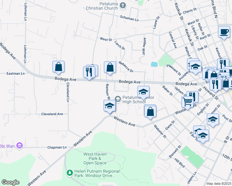map of restaurants, bars, coffee shops, grocery stores, and more near 787 El Paseo Drive in Petaluma