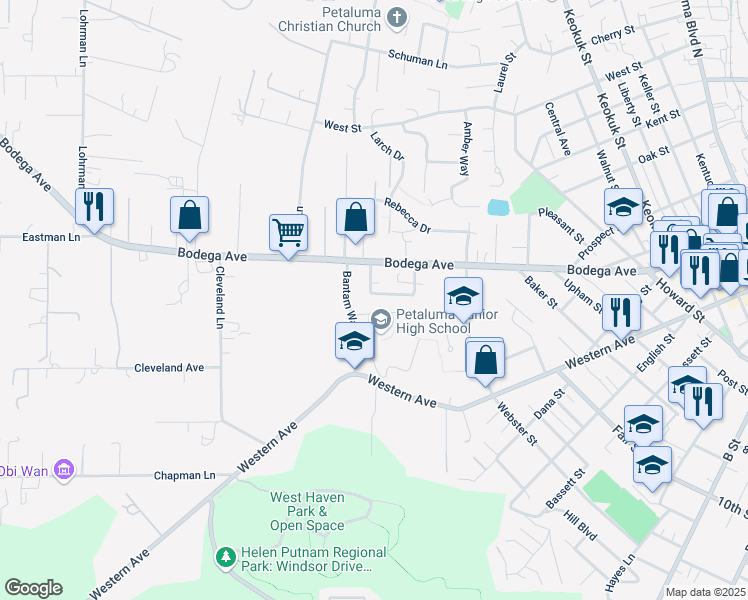 map of restaurants, bars, coffee shops, grocery stores, and more near 787 El Paseo Drive in Petaluma