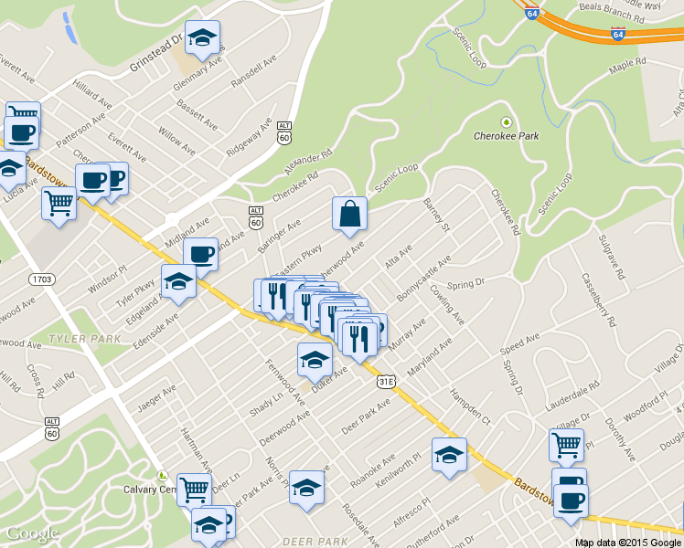 map of restaurants, bars, coffee shops, grocery stores, and more near 2124 Sherwood Avenue in Louisville