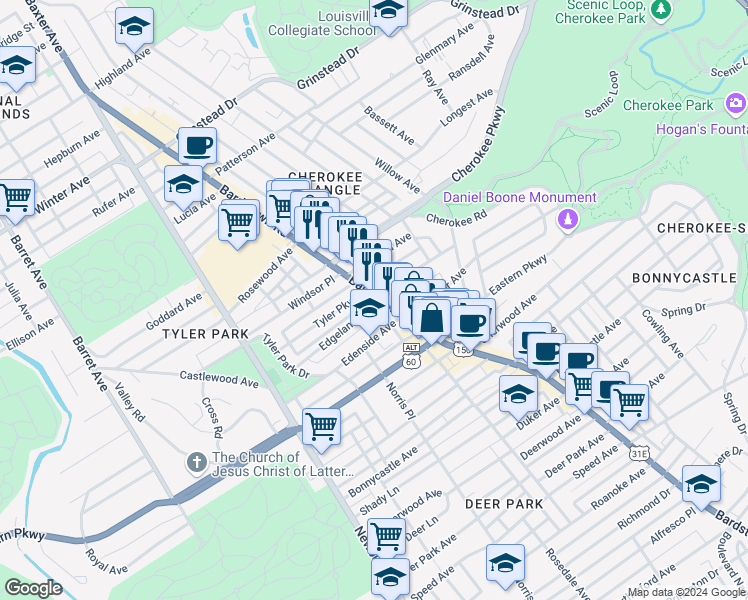 map of restaurants, bars, coffee shops, grocery stores, and more near 1401 Bardstown Road in Louisville