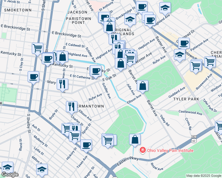 map of restaurants, bars, coffee shops, grocery stores, and more near 1141 East Oak Street in Louisville