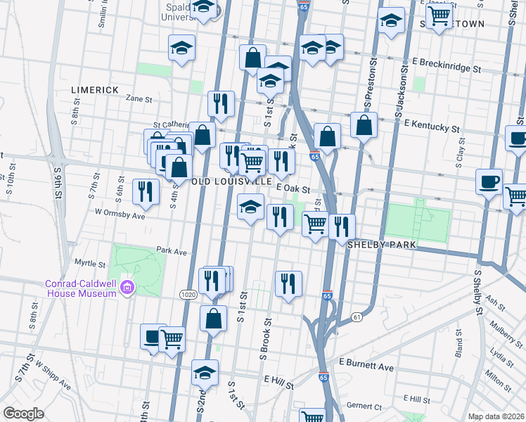 map of restaurants, bars, coffee shops, grocery stores, and more near 1225 South 1st Street in Louisville