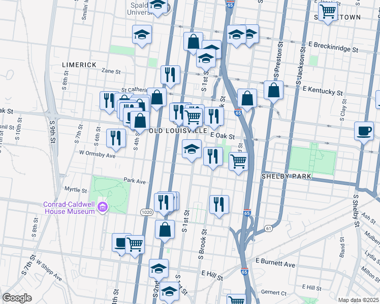 map of restaurants, bars, coffee shops, grocery stores, and more near 1233 South 2nd Street in Louisville