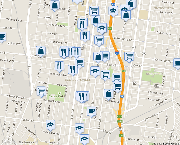 map of restaurants, bars, coffee shops, grocery stores, and more near 1233 South 2nd Street in Louisville