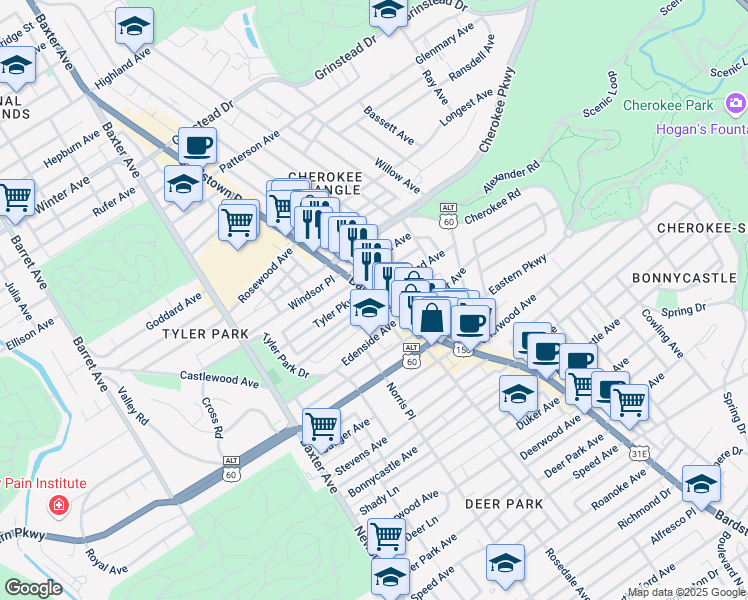 map of restaurants, bars, coffee shops, grocery stores, and more near 1398 Bardstown Road in Louisville