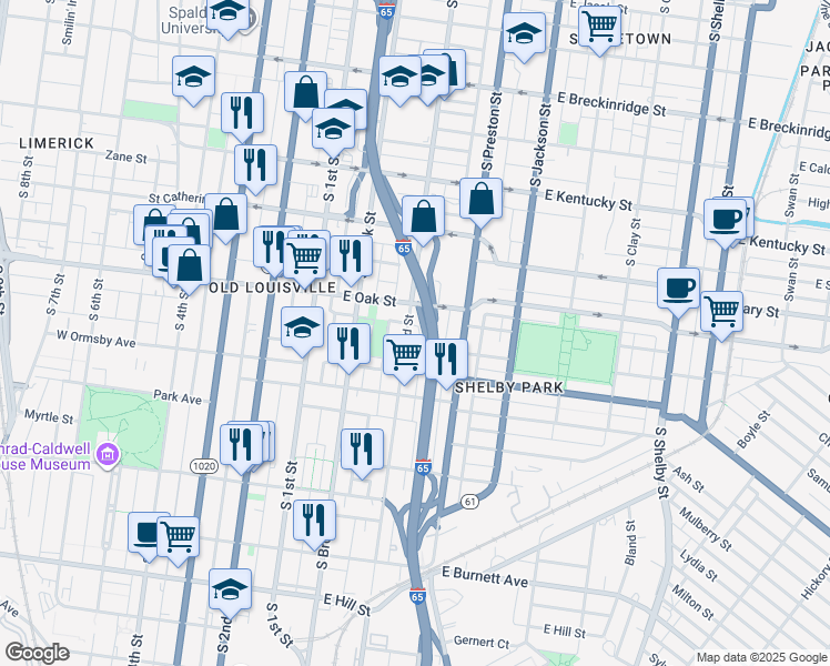 map of restaurants, bars, coffee shops, grocery stores, and more near 1223 South Floyd Street in Louisville