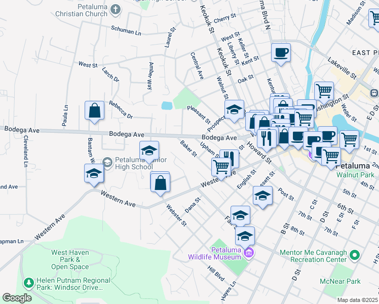map of restaurants, bars, coffee shops, grocery stores, and more near 617 Baker Street in Petaluma