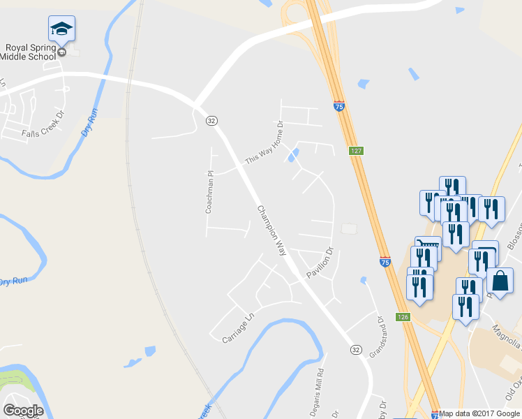 map of restaurants, bars, coffee shops, grocery stores, and more near Champion Way in Georgetown