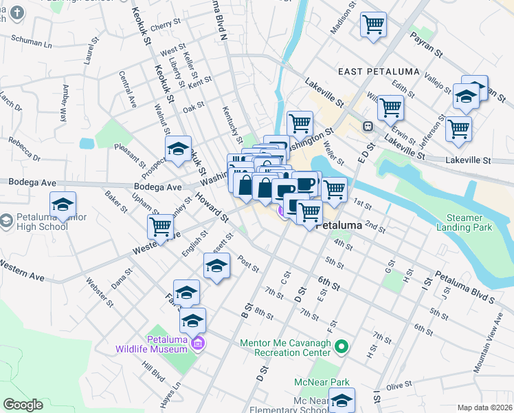 map of restaurants, bars, coffee shops, grocery stores, and more near 125 Western Avenue in Petaluma