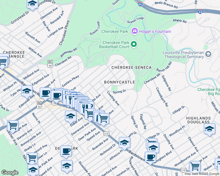 map of restaurants, bars, coffee shops, grocery stores, and more near 1601 Spring Drive in Louisville