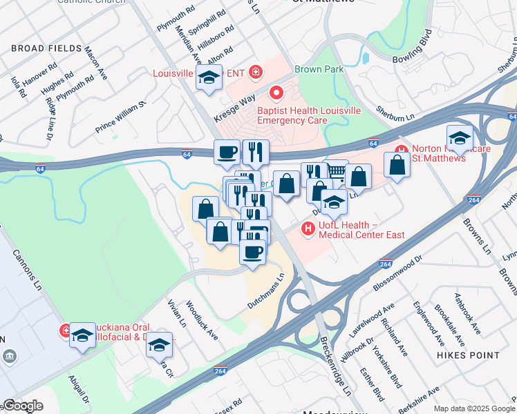 map of restaurants, bars, coffee shops, grocery stores, and more near 982 Breckenridge Lane in Louisville
