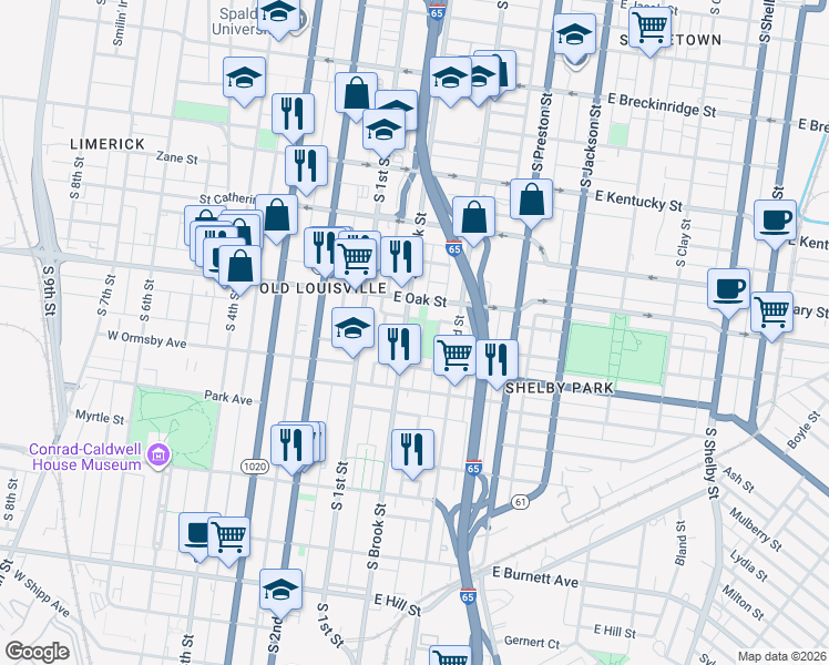 map of restaurants, bars, coffee shops, grocery stores, and more near 1223 South Brook Street in Louisville