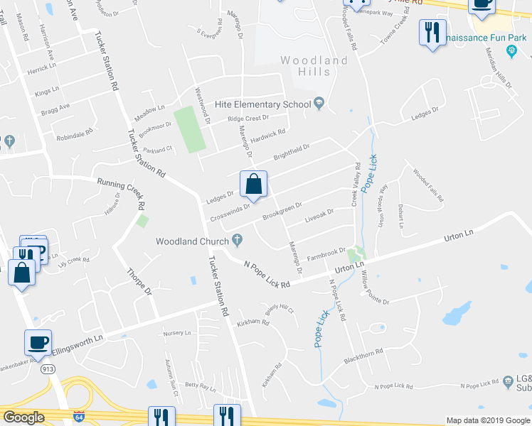 map of restaurants, bars, coffee shops, grocery stores, and more near 12227 Brookgreen Drive in Louisville