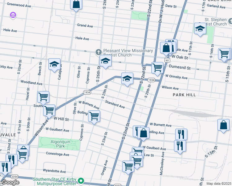map of restaurants, bars, coffee shops, grocery stores, and more near 2306 Woodland Avenue in Louisville
