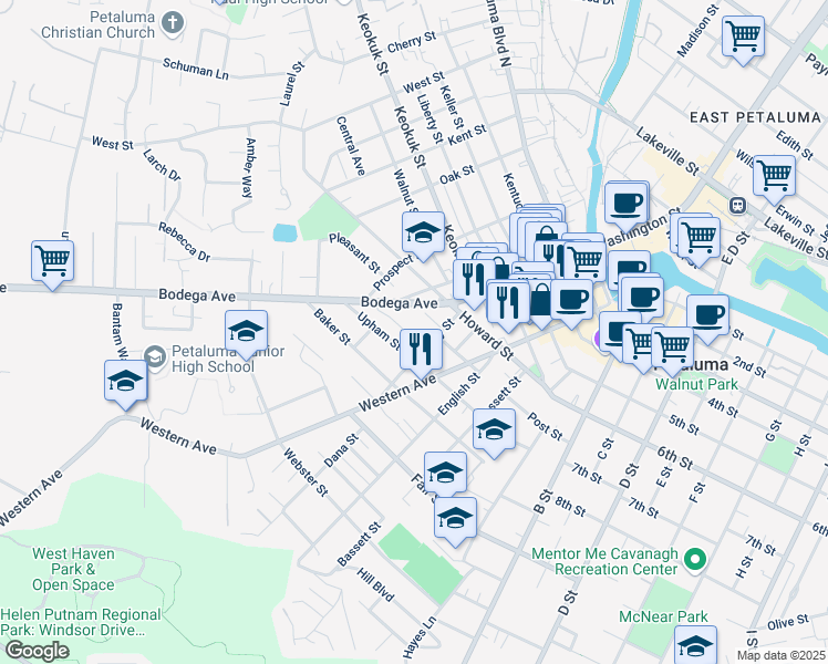 map of restaurants, bars, coffee shops, grocery stores, and more near 414 Upham Street in Petaluma