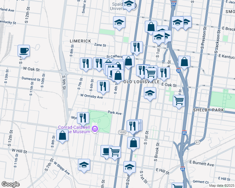 map of restaurants, bars, coffee shops, grocery stores, and more near 1245 South 4th Street in Louisville