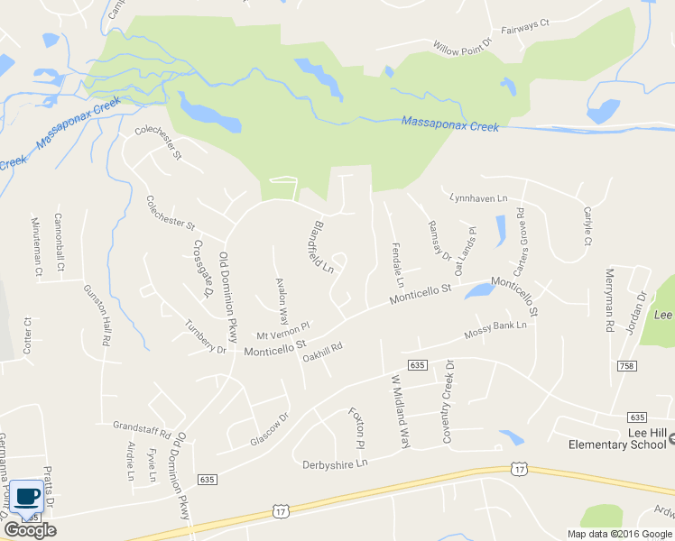map of restaurants, bars, coffee shops, grocery stores, and more near 10103 Blandfield Lane in Fredericksburg