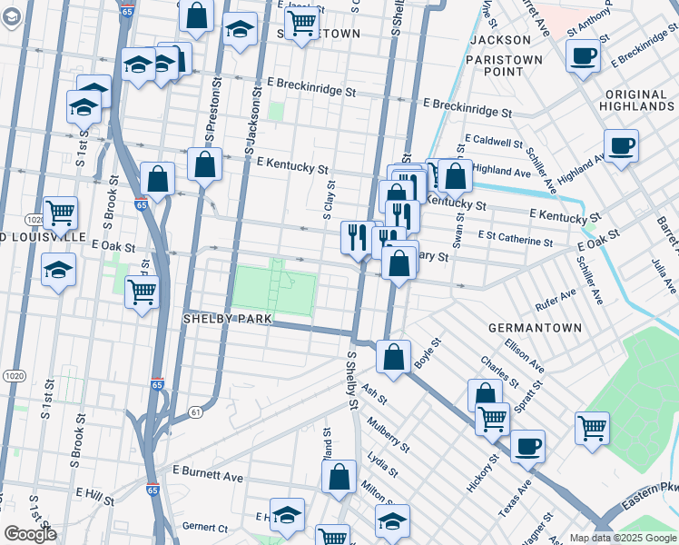 map of restaurants, bars, coffee shops, grocery stores, and more near 708 East Oak Street in Louisville