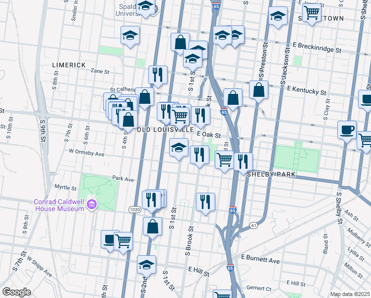 map of restaurants, bars, coffee shops, grocery stores, and more near 1225 South 1st Street in Louisville