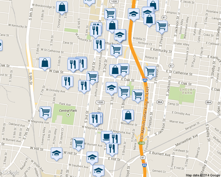 map of restaurants, bars, coffee shops, grocery stores, and more near 1233 South 2nd Street in Louisville