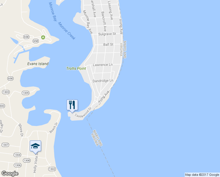map of restaurants, bars, coffee shops, grocery stores, and more near 1541 Irving Avenue in Colonial Beach