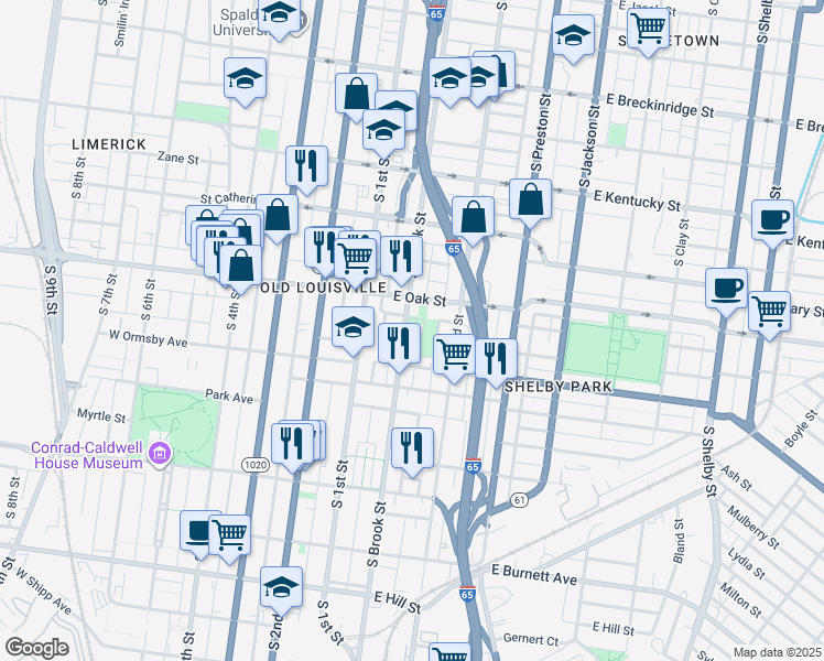 map of restaurants, bars, coffee shops, grocery stores, and more near 1223 South Brook Street in Louisville