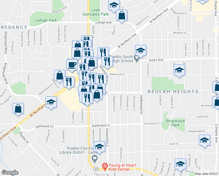 map of restaurants, bars, coffee shops, grocery stores, and more near 1930 Vinewood Lane in Pueblo
